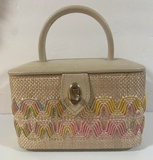 Vintage Woven Straw Box Purse Embroidered Pastel Accents Classic Top Handle