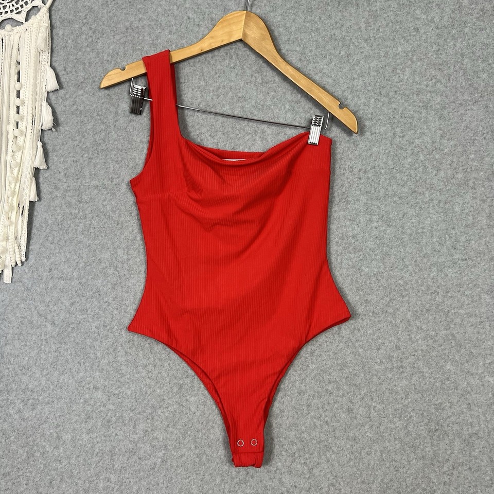 Kookai Bodysuit Top Womens 1 38 AU 10 Red Ribbed One Shoulder Strap Sleeveless