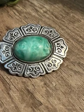 VTG Sterling Silver Southwestern Brooch w/ Green Art Glass Cabochon 1.5”