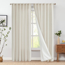 Beige Linen 96" Curtains - Farmhouse Rod Pocket Light Filtering Drapes, 2 Panels