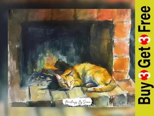 Cozy Sleeping Cat, Watercolor Painting Print 5"x7" on Matte Paper