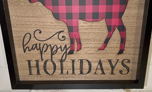 Happy Holidays Christmas Hanging Wood Sign MDF Moose Buffalo Plaid Red Black NEW - Picture 16 of 22