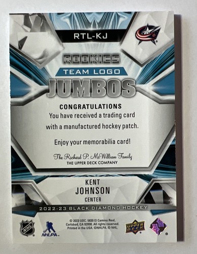 2022-23 UD Black Diamond KENT JOHNSON Rookie Team Logo Jumbos Patch RC #RTL-KJ - Picture 2 of 2