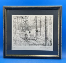 MARGUERITE KIRMSE PENCIL SIGNED ETCHING OF A POINTER DOG IN WOODS, TITLED STYLE
