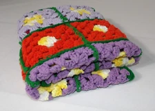 Handmade Knit Lap Blanket Throw Granny Squares Vintage 34x40" Multicolor