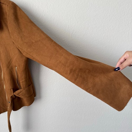 Flying Tomato Womens Tan Sherpa Cropped Coat Jacket Size Large Belted Teddy Line - Picture 6 of 12
