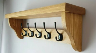 Garderobe + Regal schwebend rustikal Handarbeit Wandmontage 5 schwarze Doppelhaken