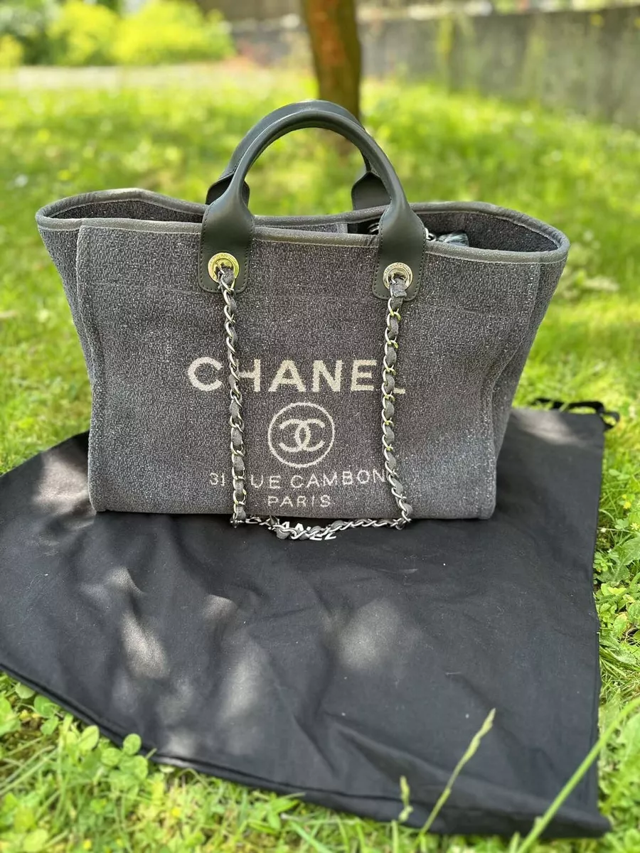 CHANEL Tote Bag Deauville PM canvas/leather gray black Women Used –