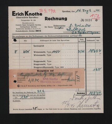 SPROTTAU, Rechnung 1941, Erich Knothe Obermühle Mehl