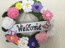 Hand Crocheted Floral Garland with Driftwood Welcome Sign- 25cm OOAK
