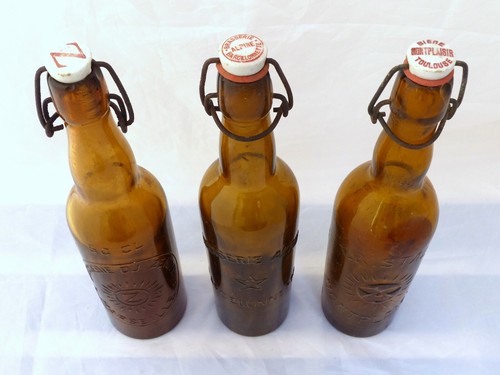 1900 Antique Set of 3x french Beer Bottles Blowned Glass Bistro Bar Collectibles - Picture 2 of 12