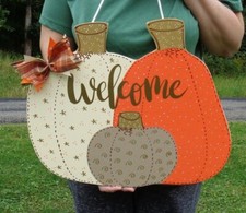 18" WELCOME Autumn Fall Thanksgiving SIGN Wall Door Hanger Plaque Wood Pumpkins