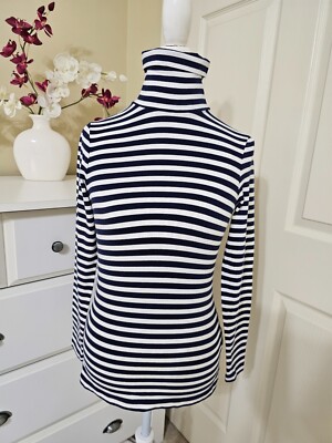 Land`s End Fitted White/Blue Striped Turtle Neck Tee-Shirt Long - Main Image