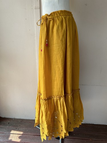Falda Zimmermann Teddy Vieira Volantes Nueva con Etiquetas Midi/Maxi Mostaza Ramie Talla 2 - Imagen 10 de 13