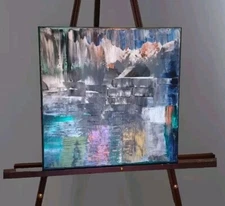 Metallic Orig Abstract (See Video) Silver Acrylic Painting Canvas 14x14