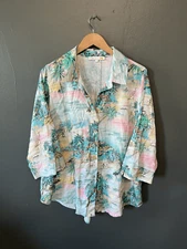 C & C California Womens Multicolor Long Sleeve Beach Graphic Linen Shirt Size 1X