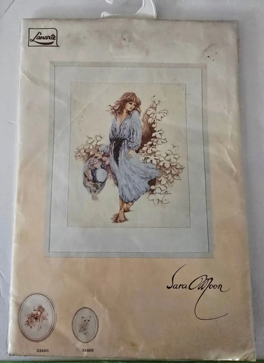 Kit Point De Croix LANARTE Sara Moon, Fille Assise Robe Blanche, 20x30cm, 14 Count, Rare