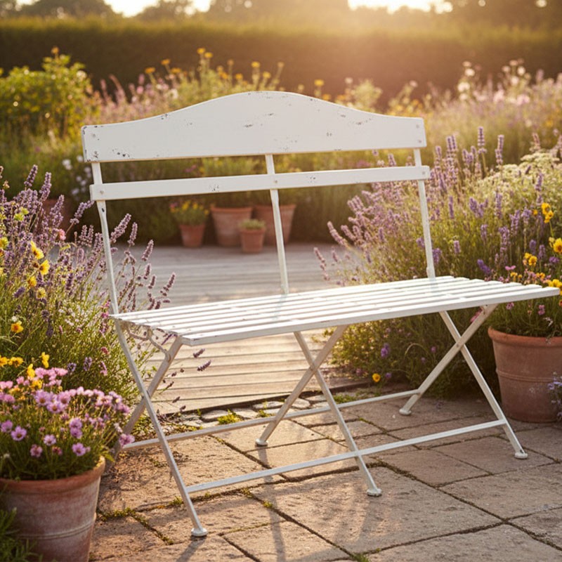 Banc de jardin fer blanc antirouille 104cm idéal pour balcon et terrasse ombragée