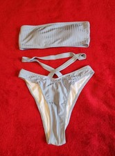 NEW S Women's Blue Swimwear 2 PC Size Bandeau Bottoms Ribbed Bathing Suit