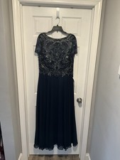 NWT XSCAPE Navy Blue Beaded Chiffon Lined Stunning Short Sleeve Gown Size 16