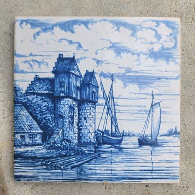 Vintage Delft OUD Blue and White Tower and Sailboat Scenery Pottery Tile