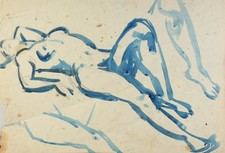 Blauer liegender weiblicher Akt | Aquarell von Alfred Hahn