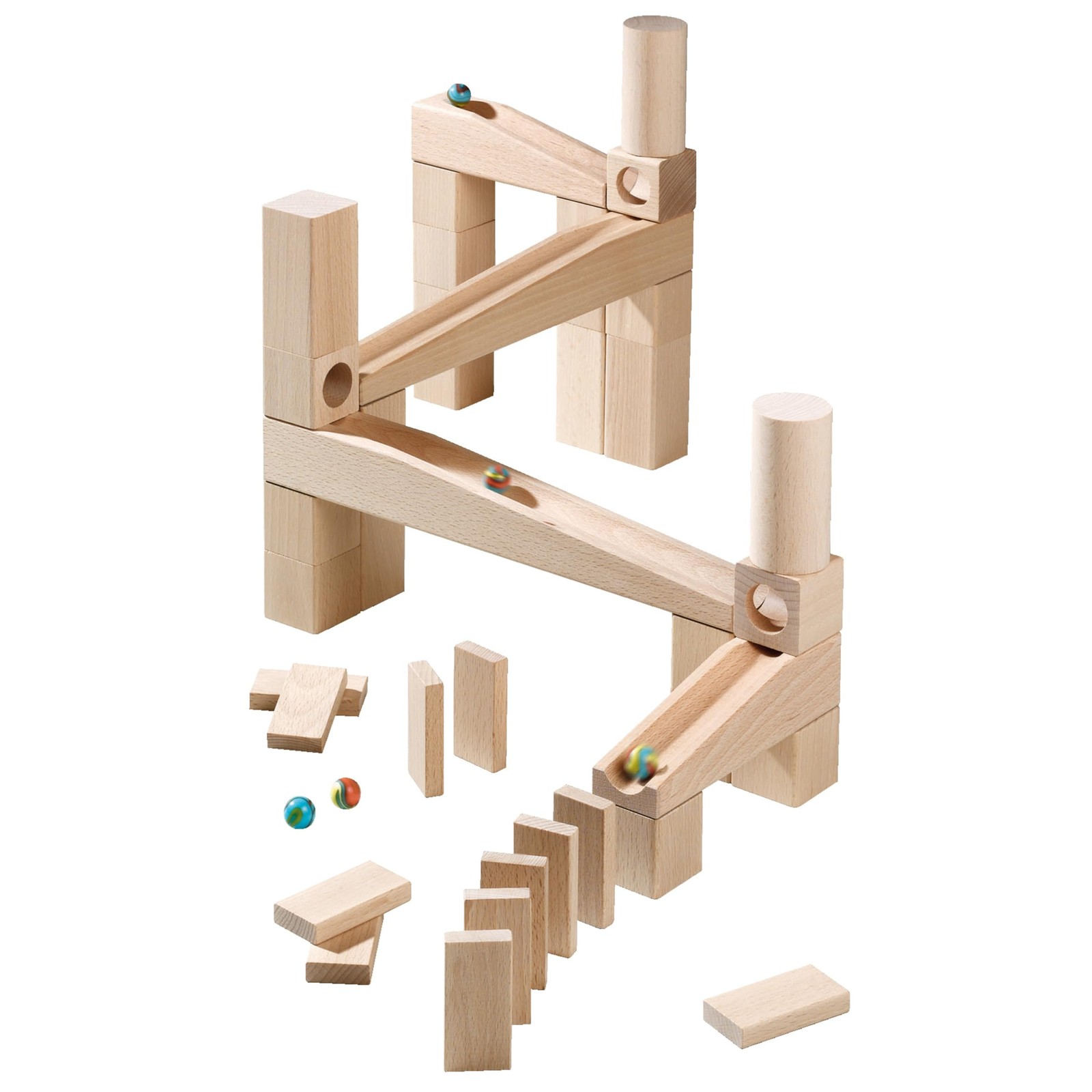 Circuit de billes 1128 First Playing pour enfant de 4 ans avec 45 pièces en bois