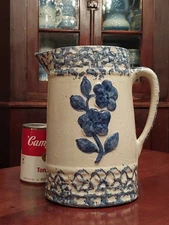 ANTIQUE Spongeware WILD ROSE Blue White Stoneware Pitcher Yellow Ware