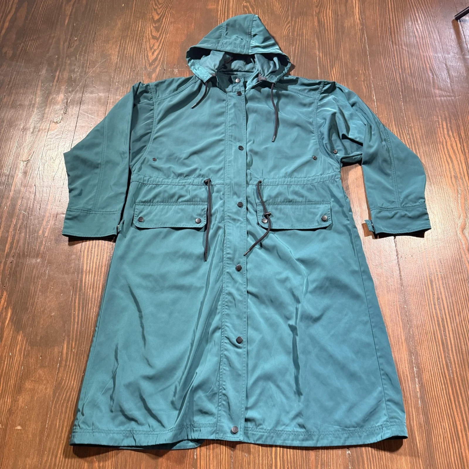7 For All Mankind Jacket Womens L Teal Hooded Trench Long Overcoat Rain Coat