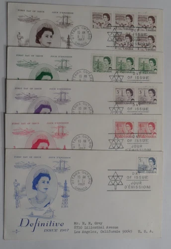 STAMPMART : CANADA 1967 - 1973 SC#454-60 QE II CENTENNIAL 7 DIFF FDC USED TO USA