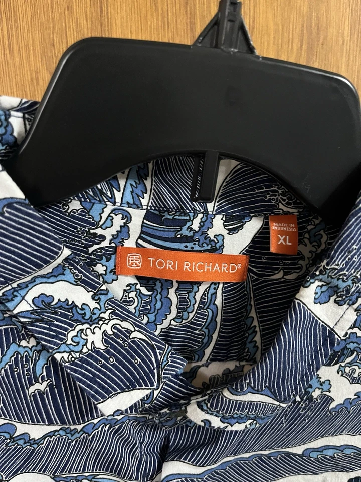 Мужская гавайская рубашка Tori Richard Ocean Wave Aloha XL сине-белая с коротким рукавом - Изображение 2 из 3