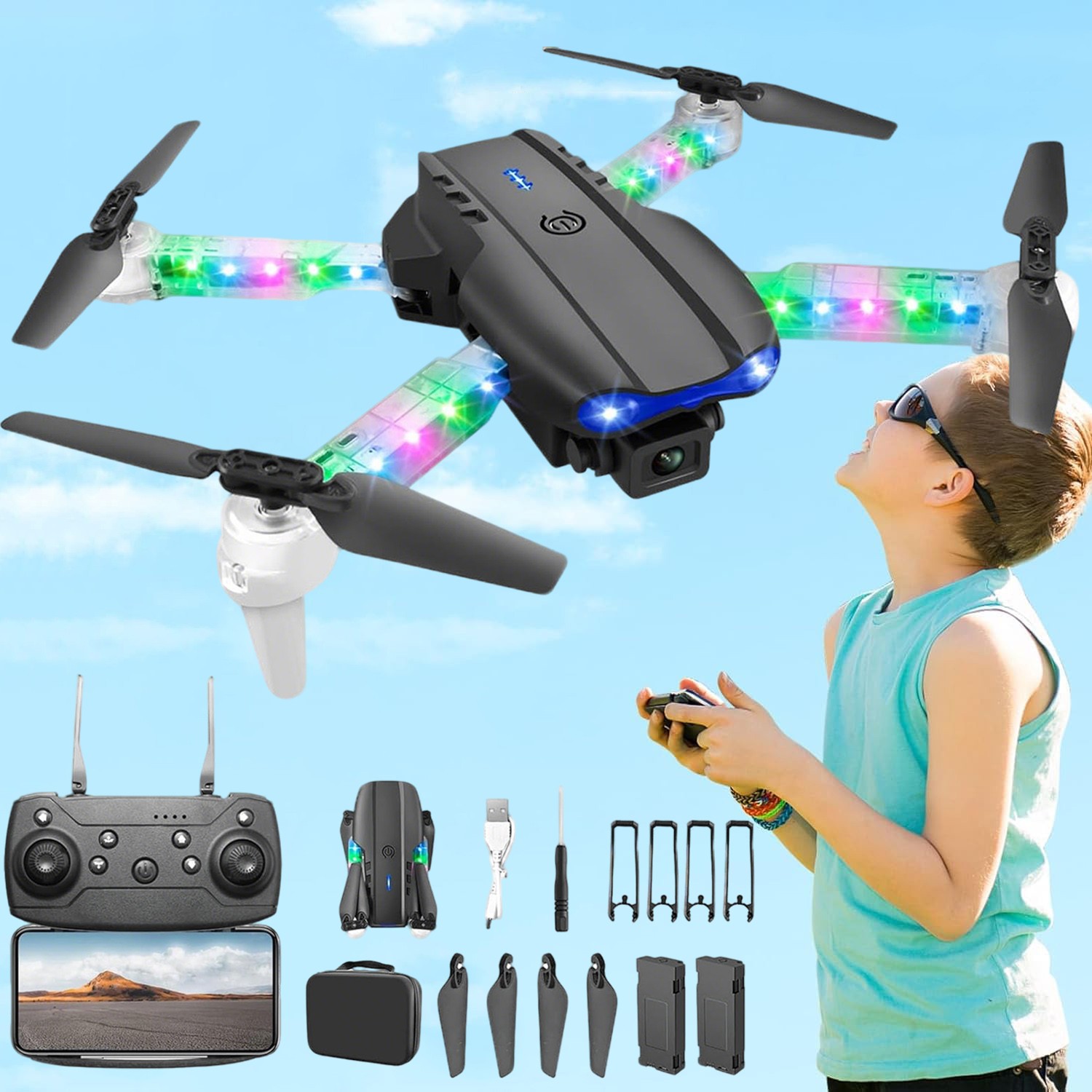 Drone with Camera, Kids RC Drone Foldable RC Quarcopter HD Dual Camera Drone Toy