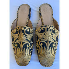 Tory Burch Gold Embroidered Brocade Mules SlipOn Flats Elegant Designer 8.5 348