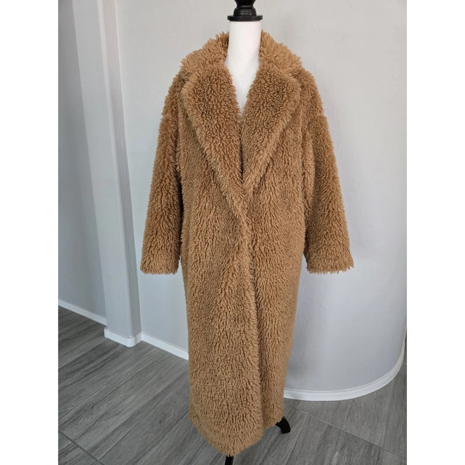 Sugar Poison Faux Fur Long Coat Jacket Trench Tan Shaggy Oversized Sz S - Image 2 of 4