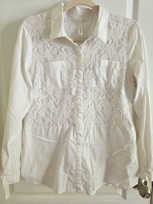 Collection Women s White Floral Collared Long Sleeve Button-Up Lace Blouse