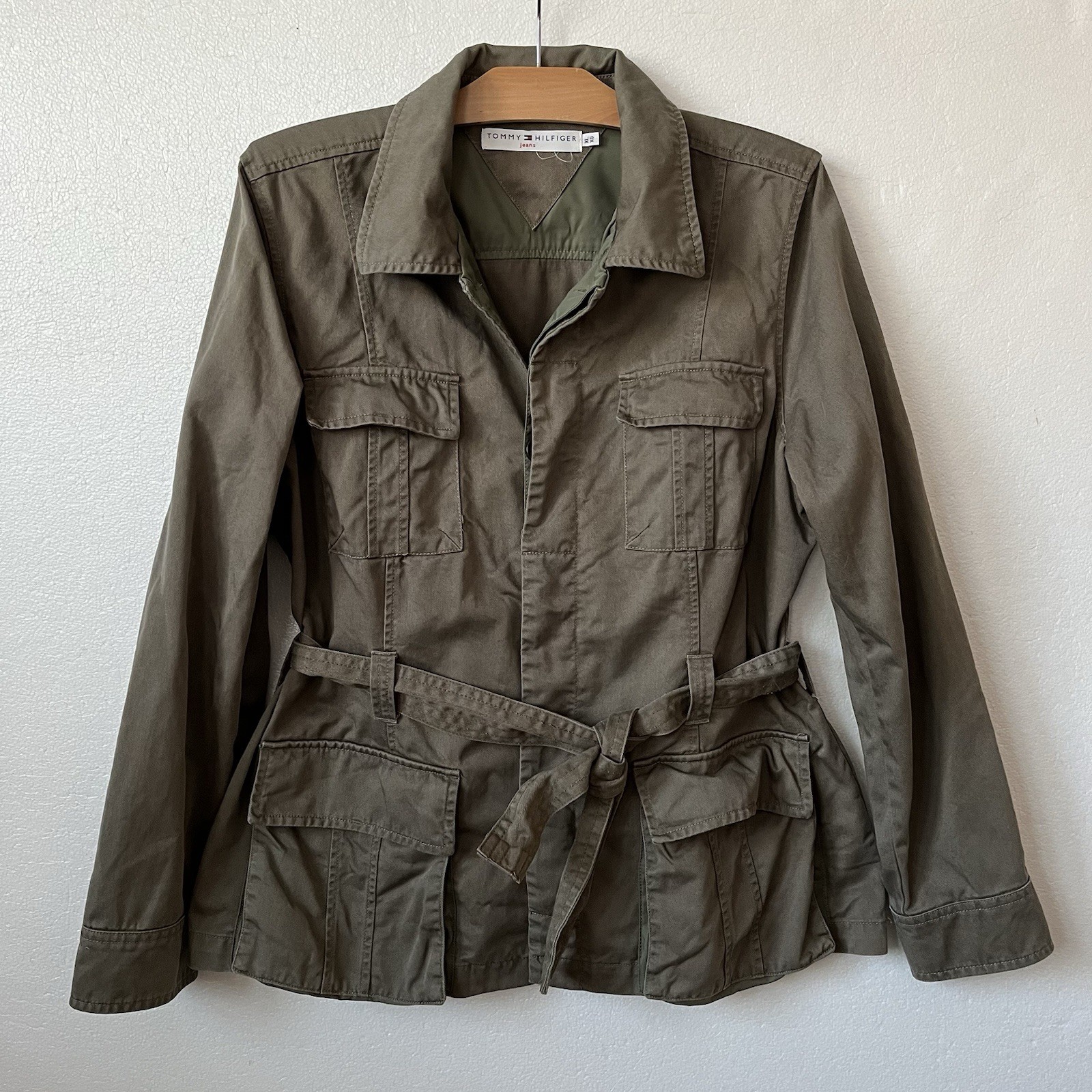 VTG Tommy Hillfiger Womens XL Utility Jacket Y2K Button Up Belted Army Green