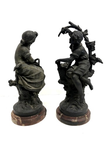 COPPIA ANTICA SCULTURA ANTIMONIO FANCIULLA Les raisins Les Cerises Par F. Moreau - Foto 2 di 20