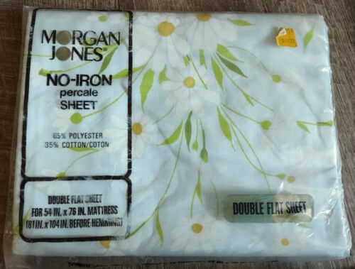 Vtg MORGAN JONES Percale Double Size FITTED & FLAT Sheets Lt Blue/Daisies UNUSED - Picture 2 of 5