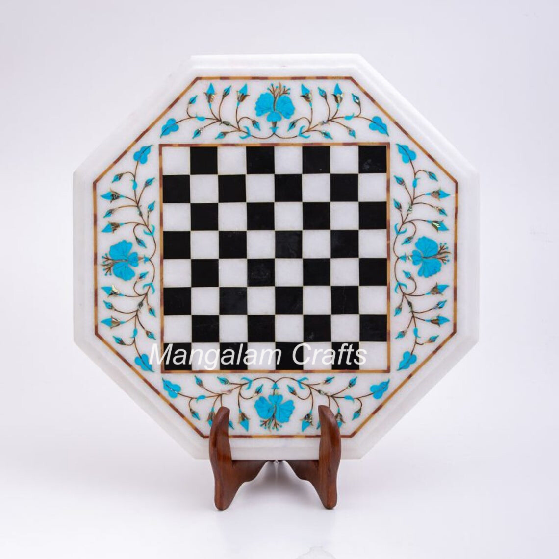 18-inch Marble Chessboard with Turquoise Floral Inlay