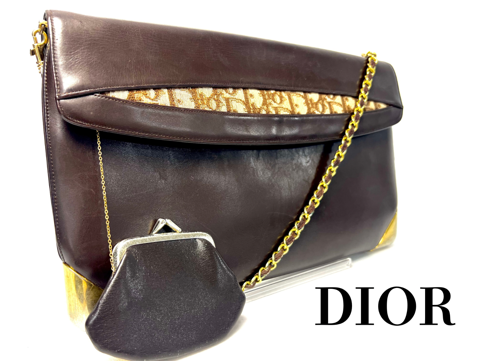 Dior shoulder bag Trotter vintage brown leather CD Authentic