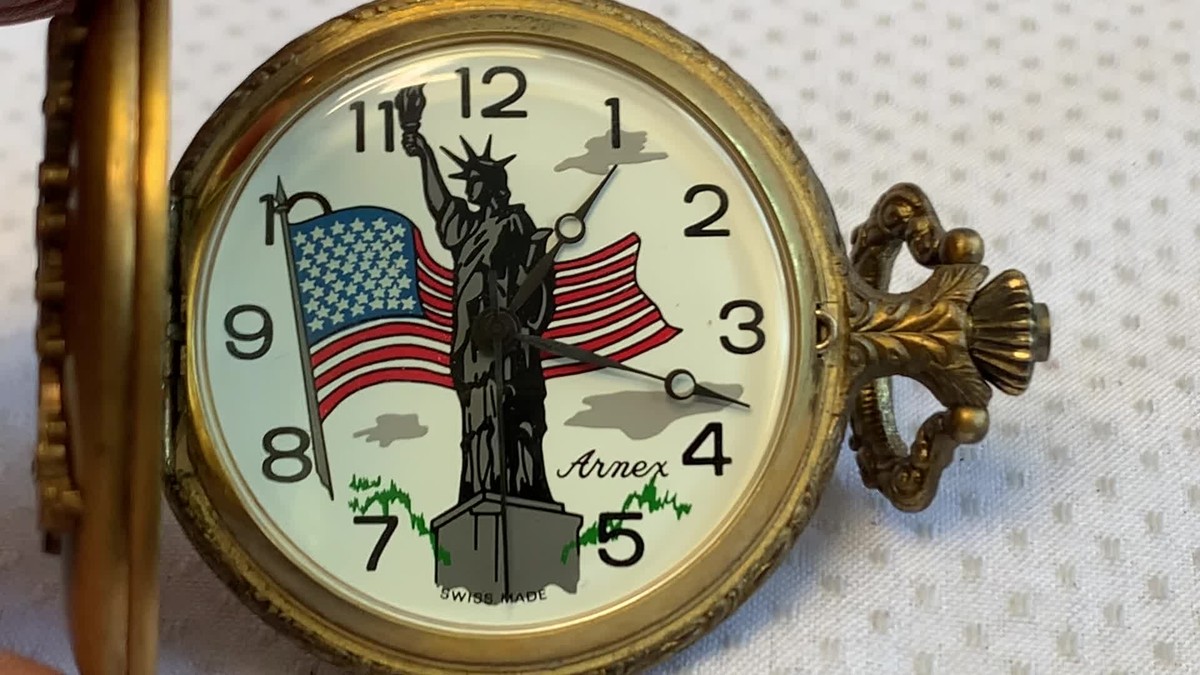 Vtg Arnex Swiss Pocket Watch Golden Liberty Bell & Eagle in Case