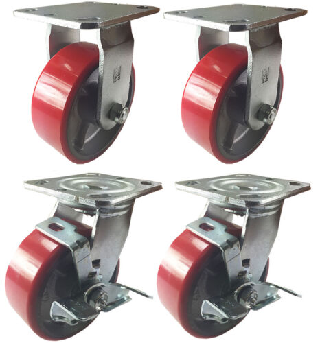 4 Heavy Duty Caster Set 4" 5" 6" Polyurethane on Cast Iron Wheels No Mark Red - Picture 1 of 28