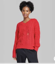 Women's Wild Fable V-Neck Destructed Cable Knit Sweater Red Size M NEW!