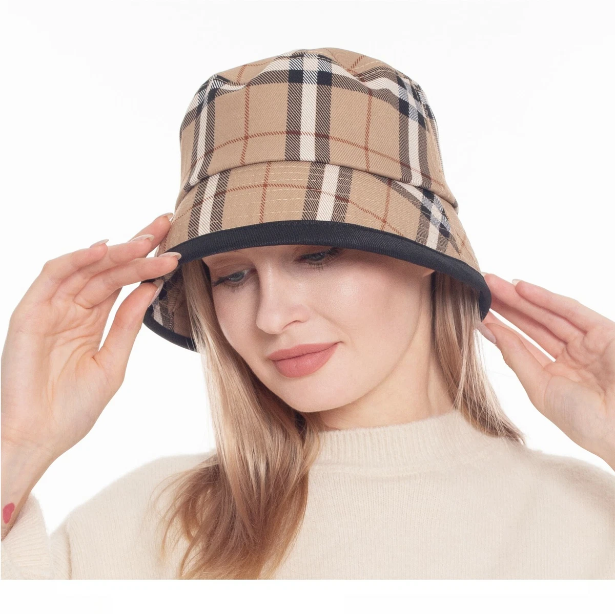 Tan Khaki Haymarket Plaid Bucket Hat Women Fisherman Durable Fabric Black  Trim