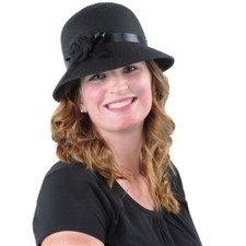 Felt Cloche Flapper Hat Adult Fits Most Black Flower Women's Roaring 20's 1920's