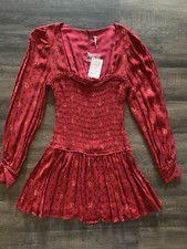 Free People Ruby Red Combo Floral Print Smocked Dress SZ S NWT