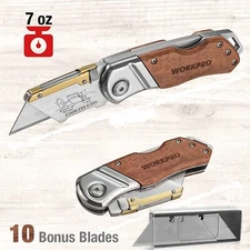 WORKPRO Folding Utility Knife Wood Handle Heavy Duty Cutter W/Extra 10PCS Blades