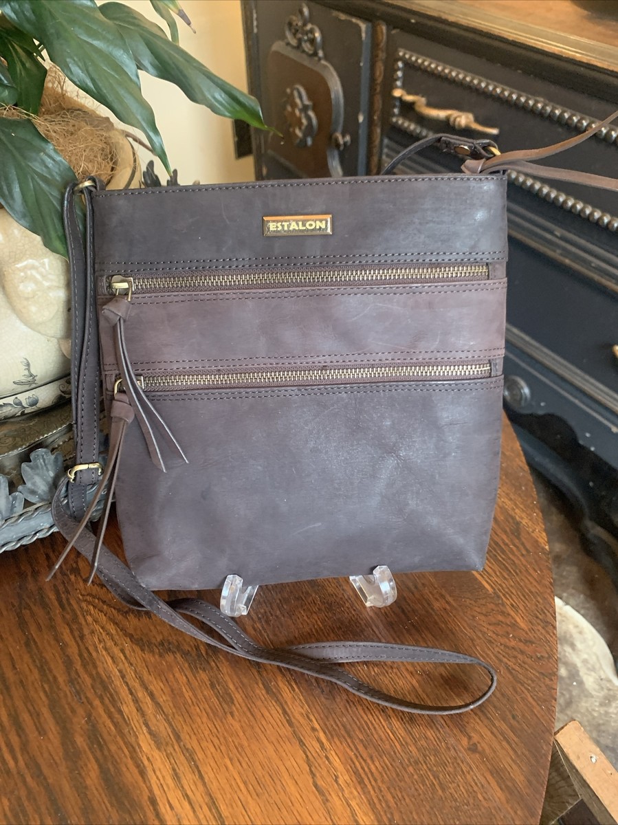 ESTALON 100% Genuine Leather Crossbody Bag Purse Distressed Dark Brown