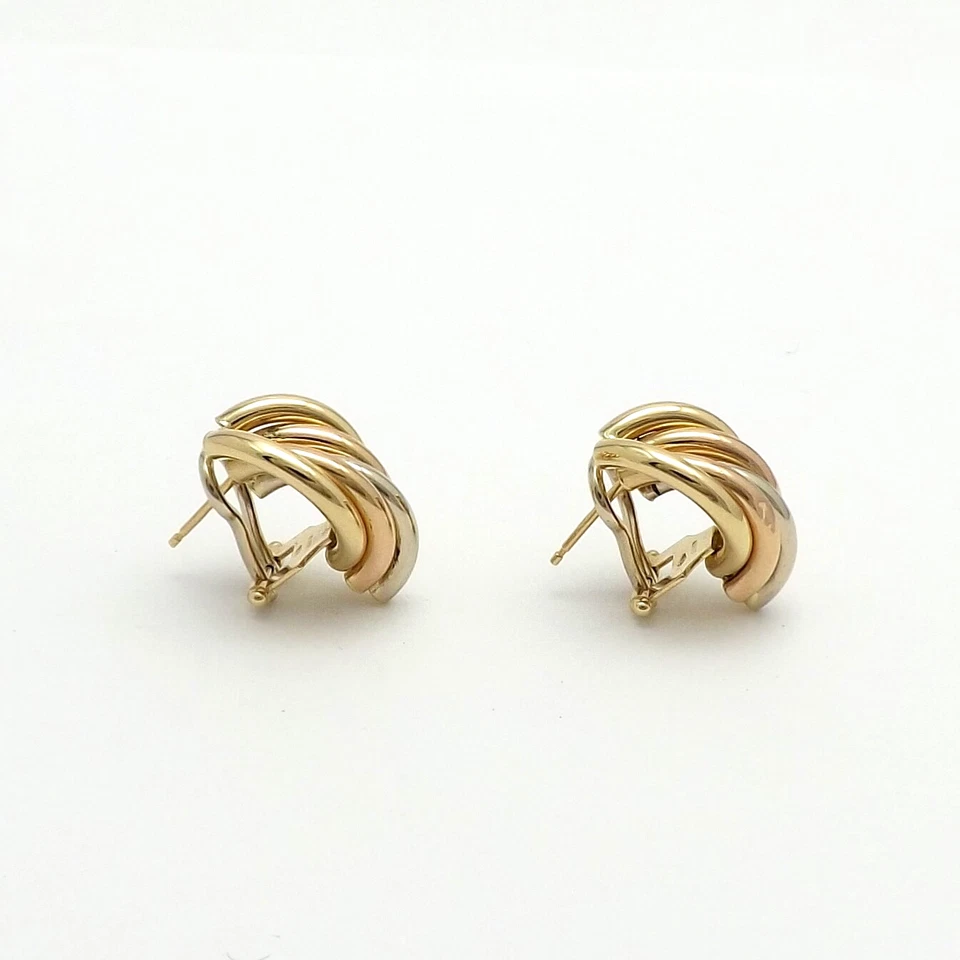 14k Tricolor Gold San Marco Elbow Macaroni Link Omega Back Earrings Italy New - Image 4 of 4