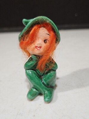 Vintage Brinns Pixie Elf Green RED Hair 3'' SITTING GIRL Ceramic Original Sticker